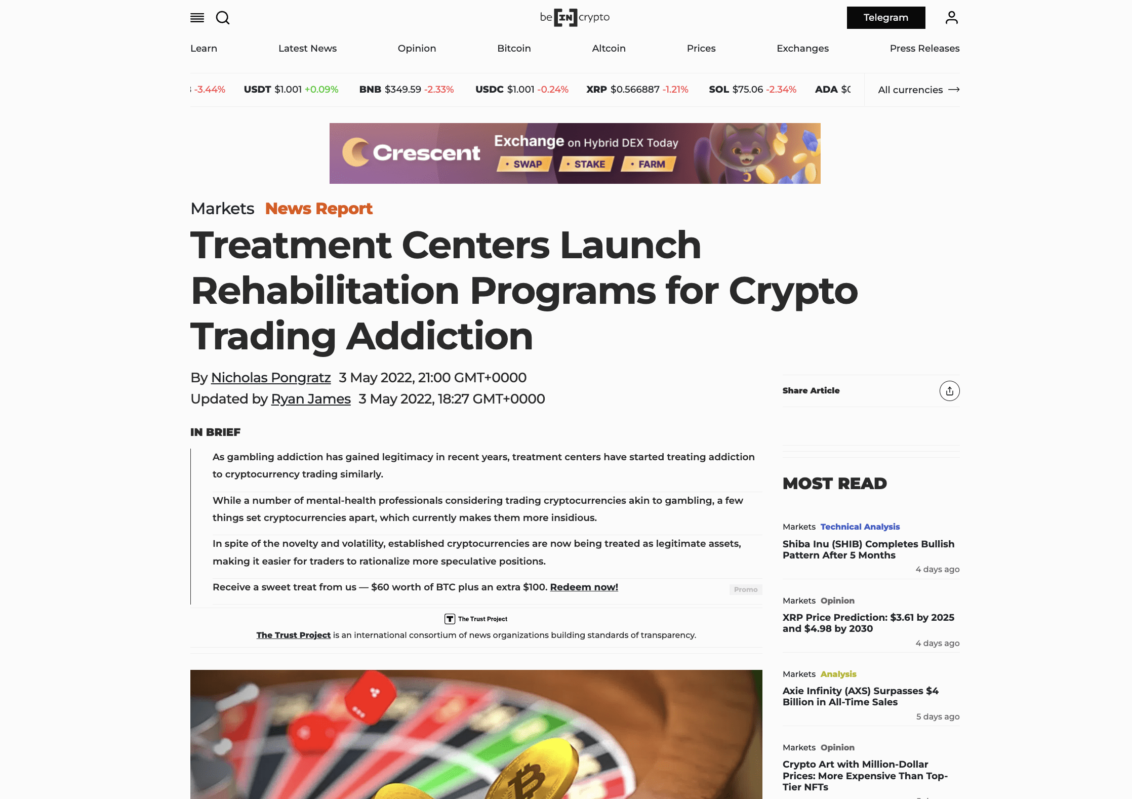 BeInCrypto article about crypto trading addiction treatment