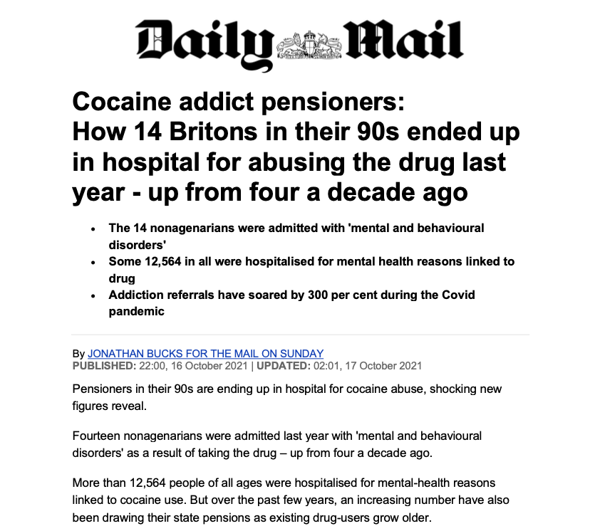 Daily Mail article on cocaine addiction in pensioners