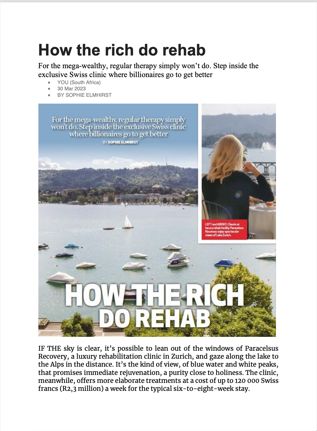 Paracelsus Recovery YOU Magazine article - How the rich do rehab
