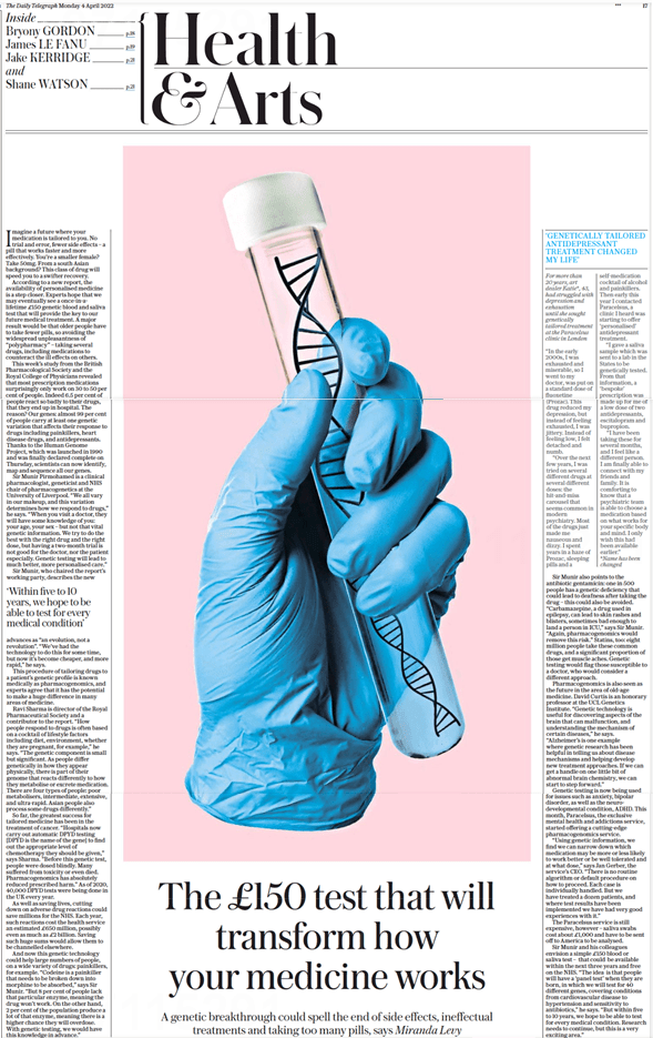 The £150 pharmacogenomics test article from The Telegraph